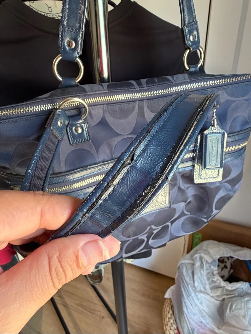 Coach Navy Signature Poppy  Tote with Heart Charm